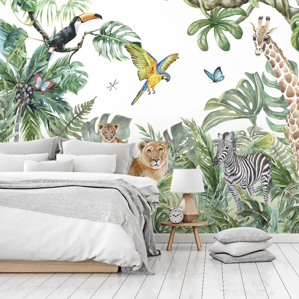 Wild Animals and the Jungle Watercolor Mural Wallpaper