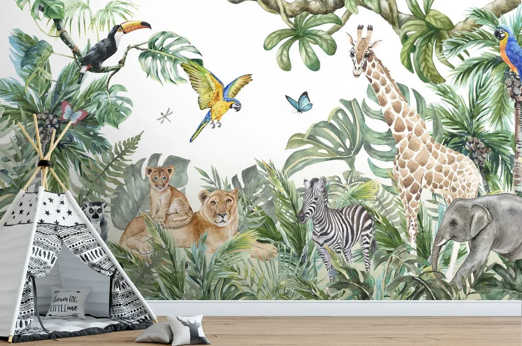 Wild Animals and the Jungle Watercolor Mural Wallpaper