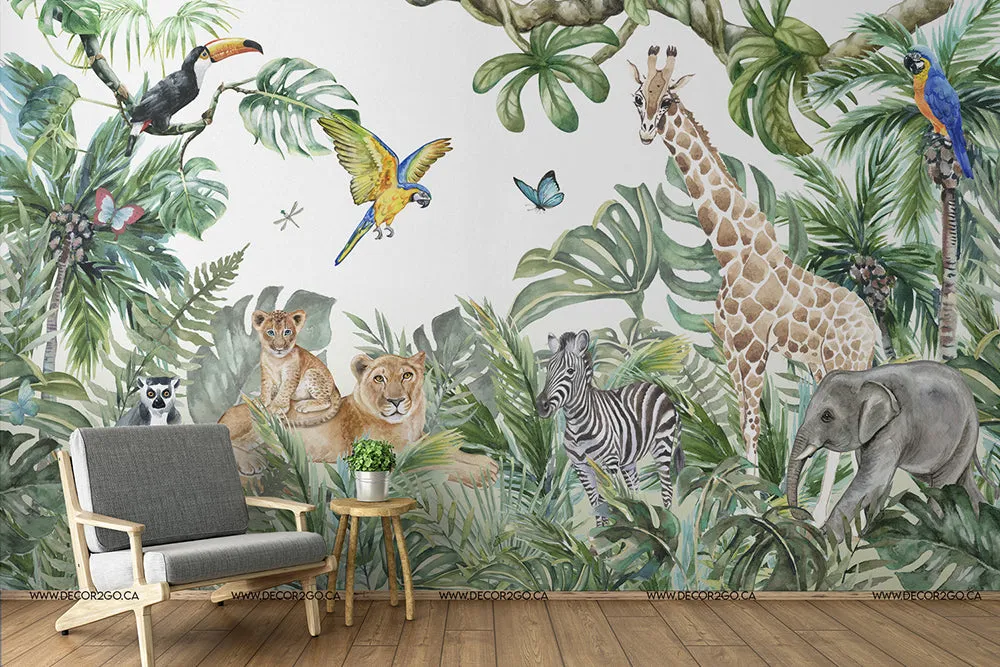 Wild Animals and the Jungle Watercolor Mural Wallpaper