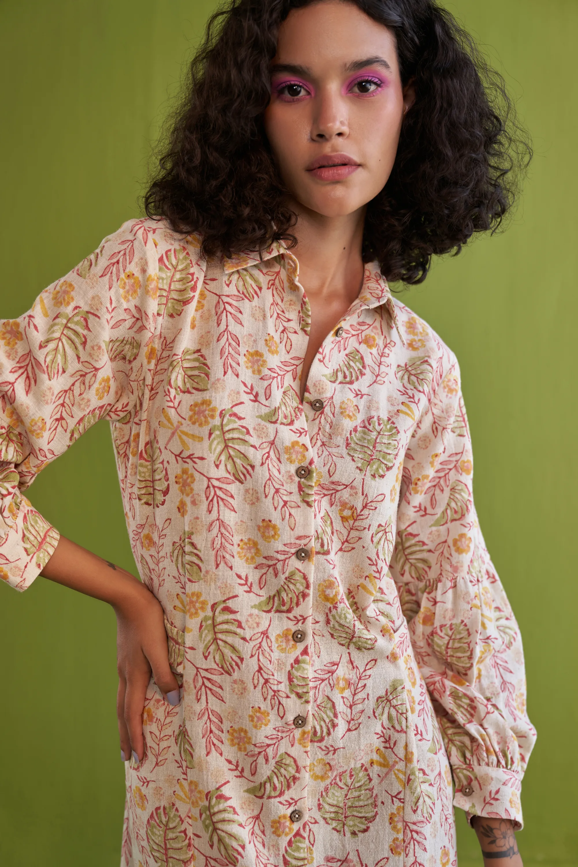 Wild Monstera Handwoven Organic Cotton Midi Shirt Dress