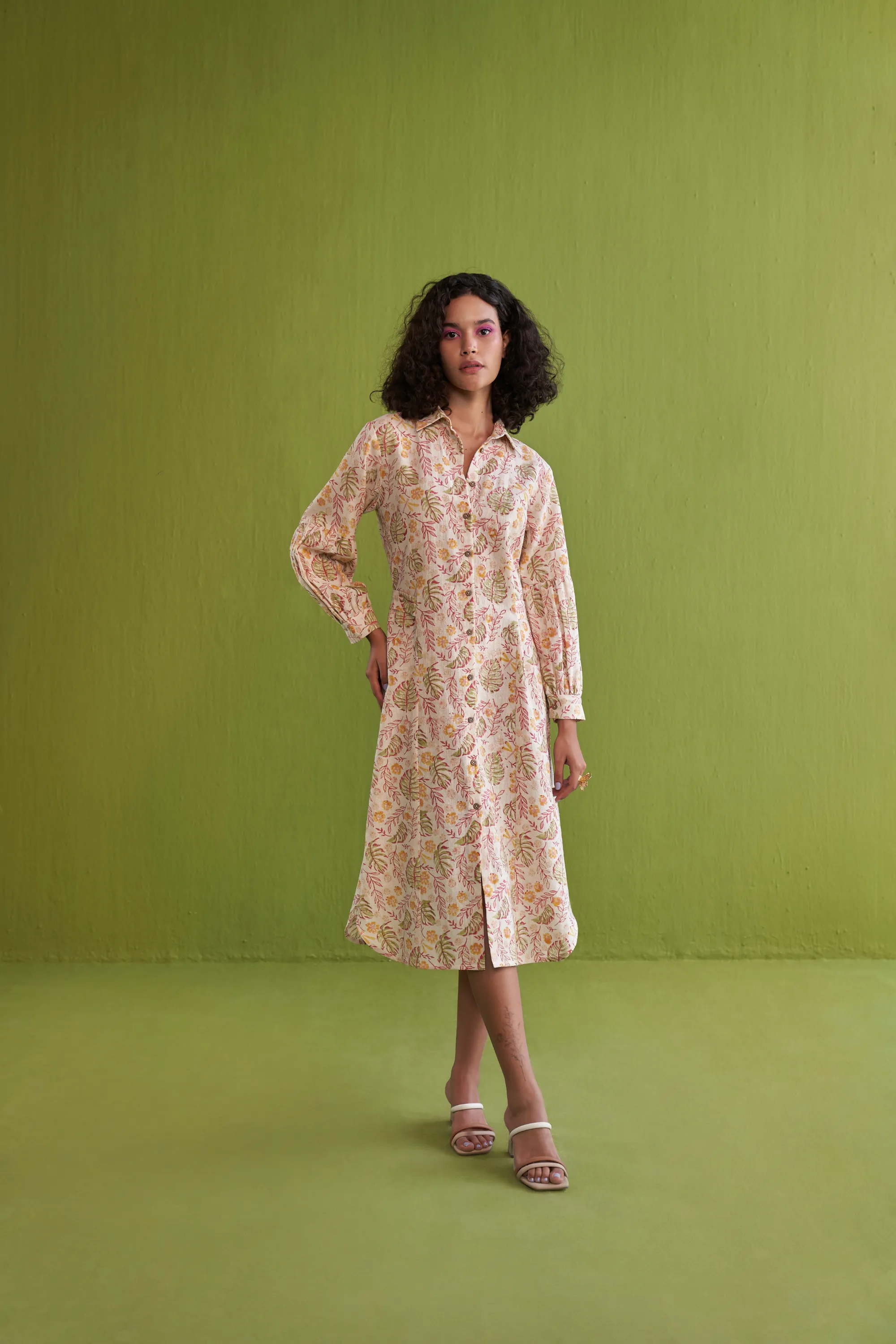 Wild Monstera Handwoven Organic Cotton Midi Shirt Dress