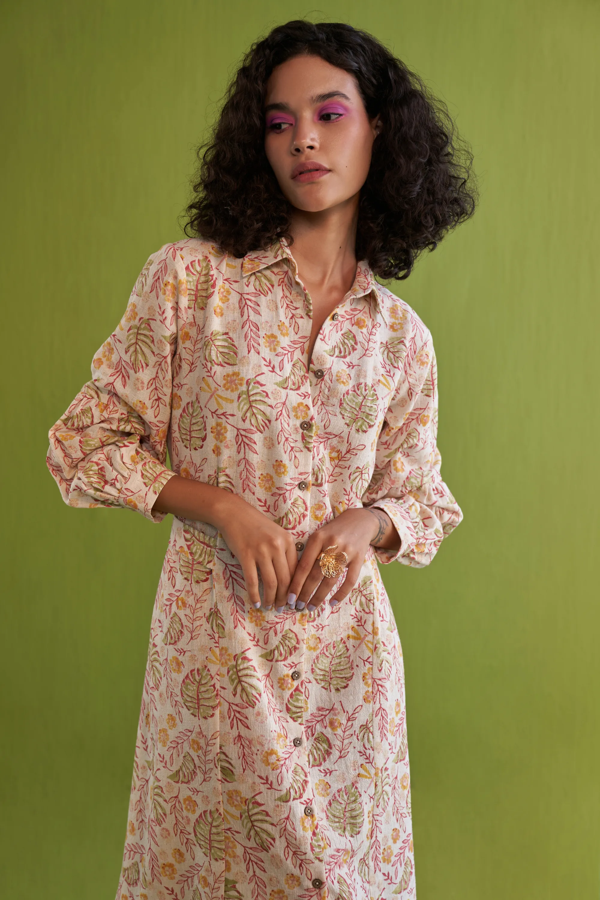Wild Monstera Handwoven Organic Cotton Midi Shirt Dress
