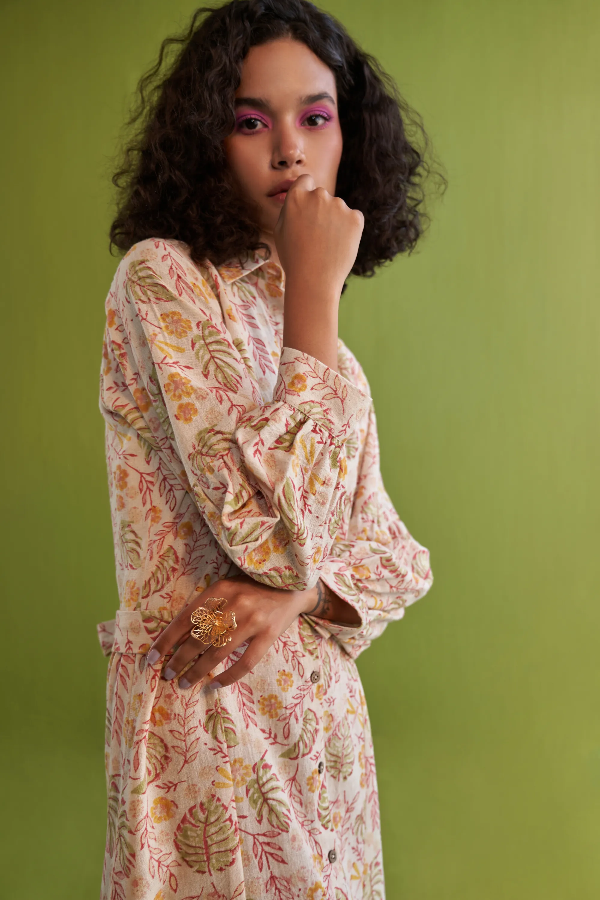 Wild Monstera Handwoven Organic Cotton Midi Shirt Dress