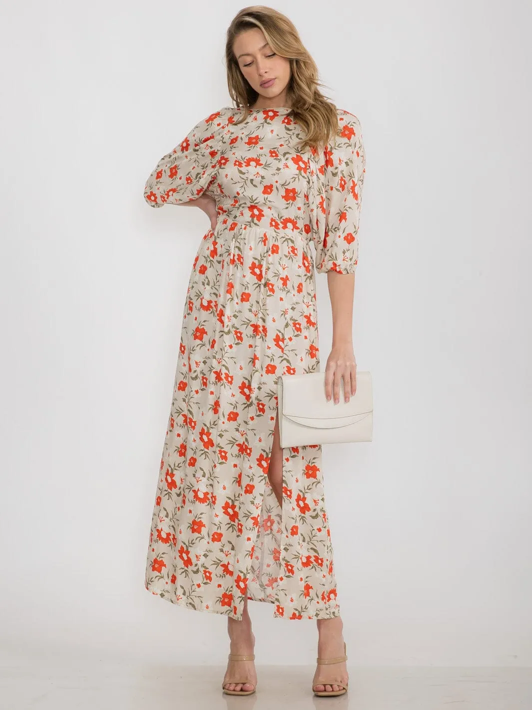 WOMEN'S 3/4 SLEEVE OPEN BACK FLORAL MAXI DRESS