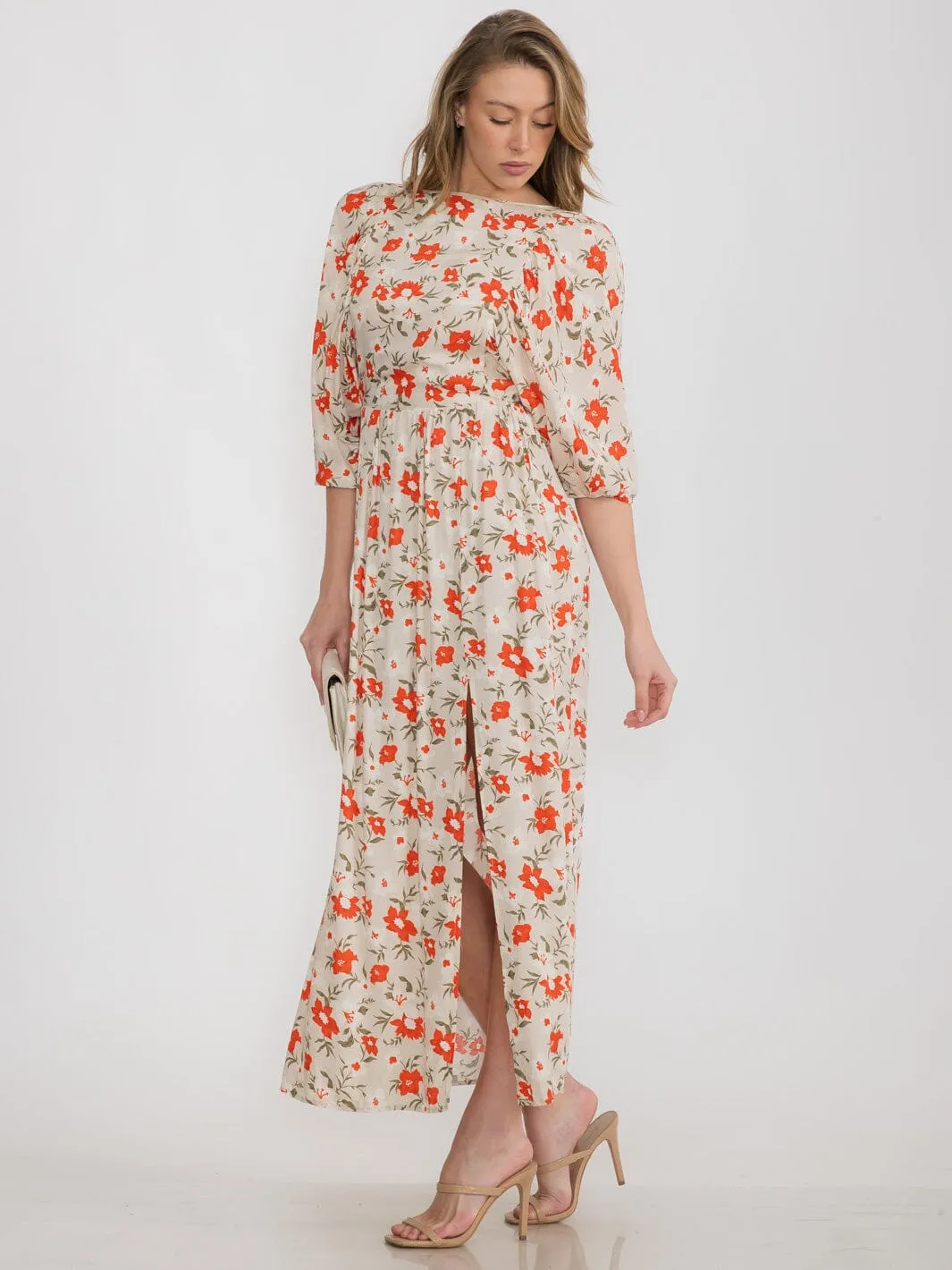 WOMEN'S 3/4 SLEEVE OPEN BACK FLORAL MAXI DRESS