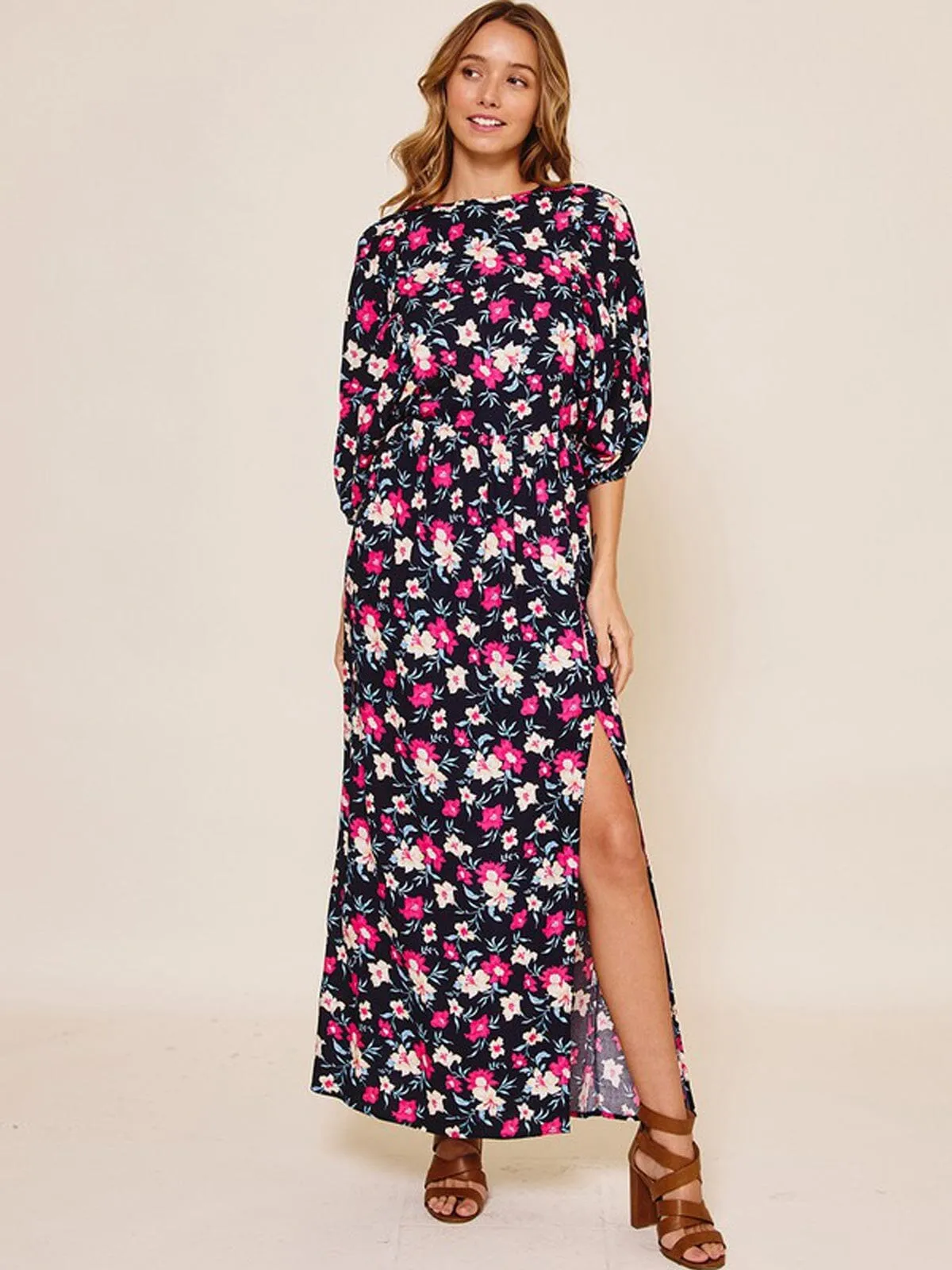 WOMEN'S 3/4 SLEEVE OPEN BACK FLORAL MAXI DRESS
