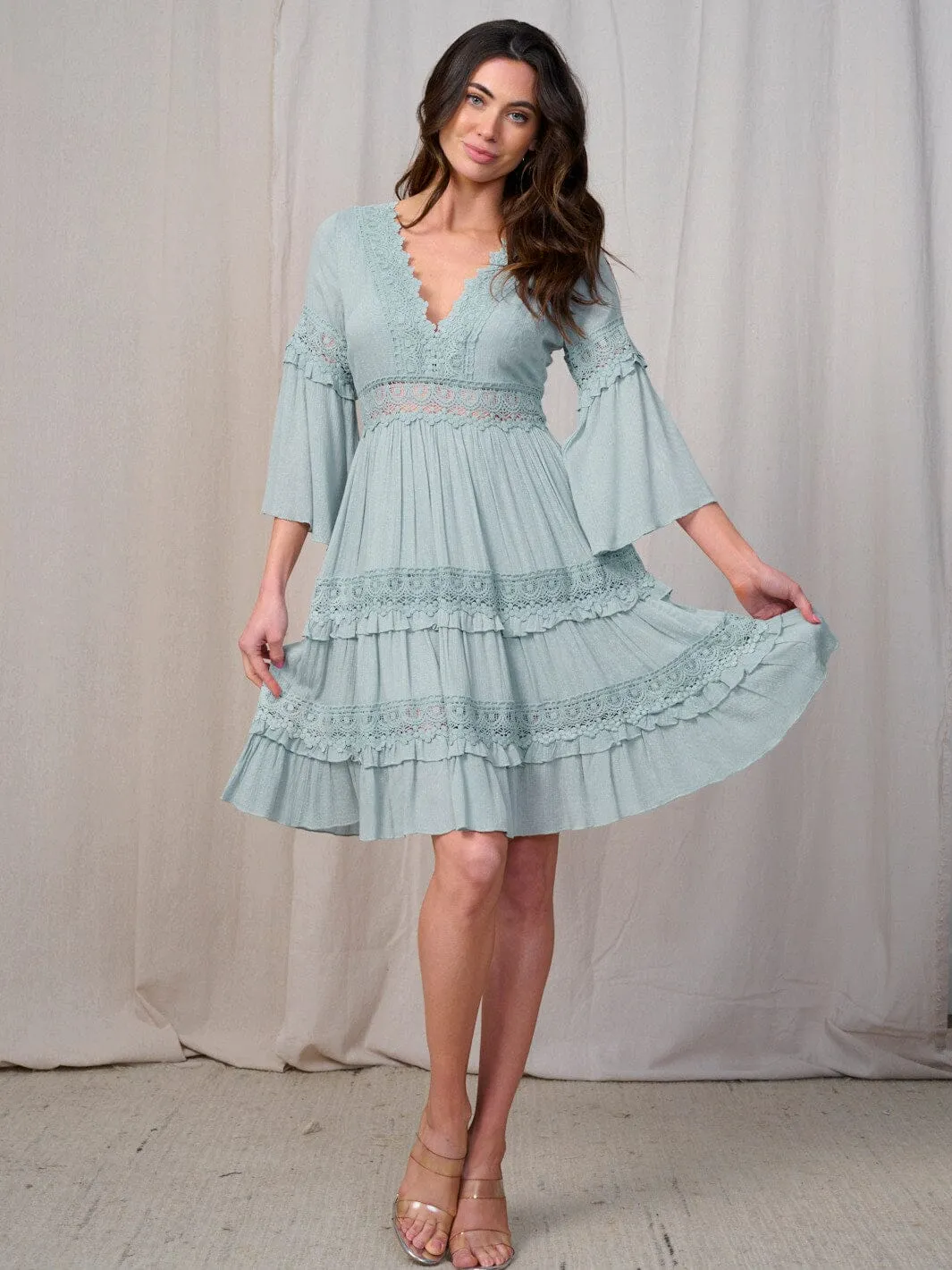 WOMEN'S 3/4 SLEEVE V-NECK CROCHET DETAILED MINI DRESS