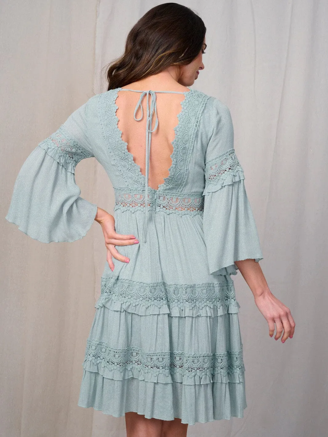 WOMEN'S 3/4 SLEEVE V-NECK CROCHET DETAILED MINI DRESS