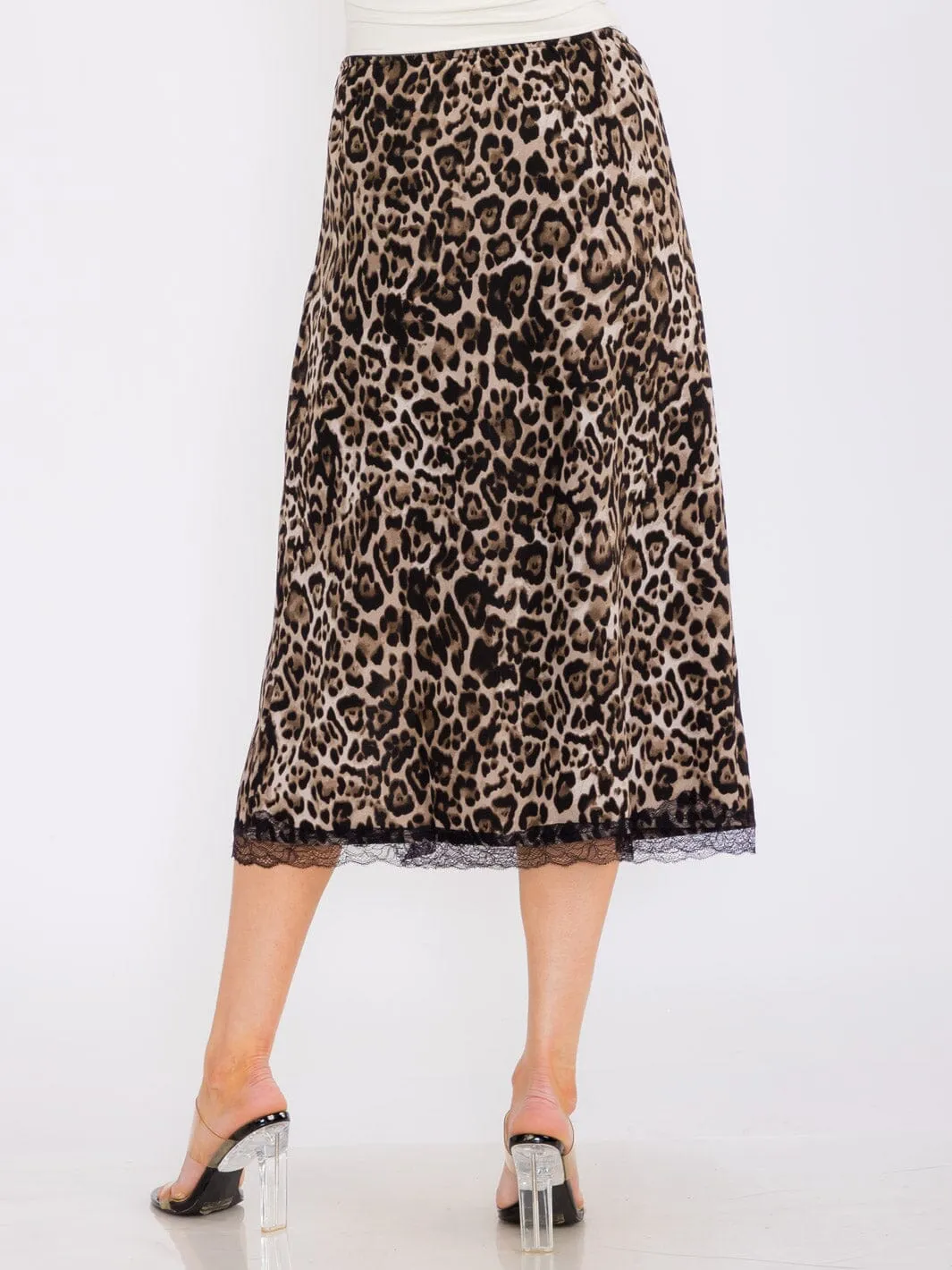 WOMEN'S ELASTIC WAIST FRONT SLIT LACE ANIMAL PRINT MIDI SKIRT