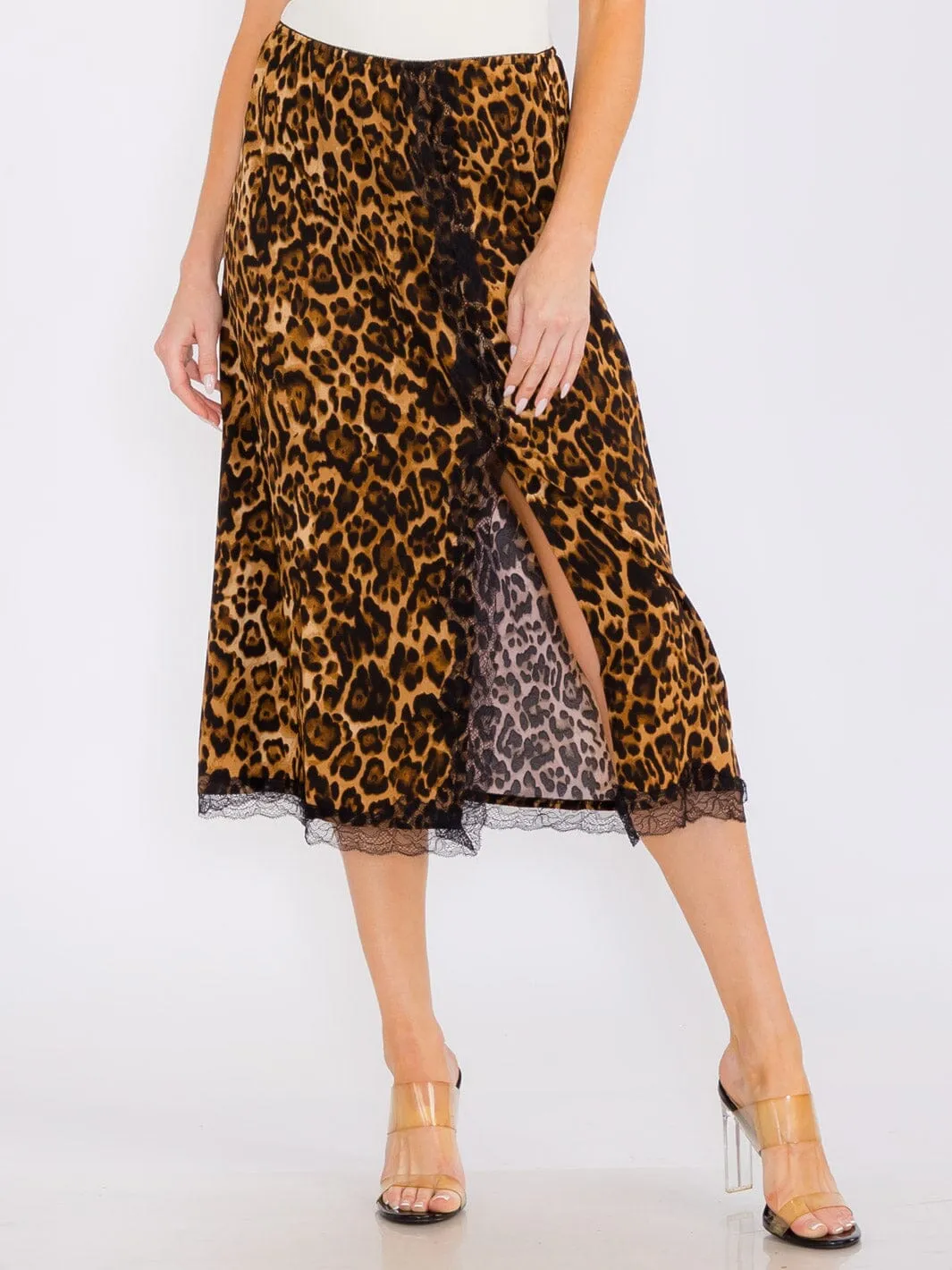 WOMEN'S ELASTIC WAIST FRONT SLIT LACE ANIMAL PRINT MIDI SKIRT