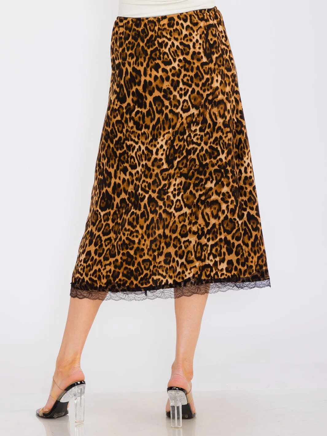 WOMEN'S ELASTIC WAIST FRONT SLIT LACE ANIMAL PRINT MIDI SKIRT