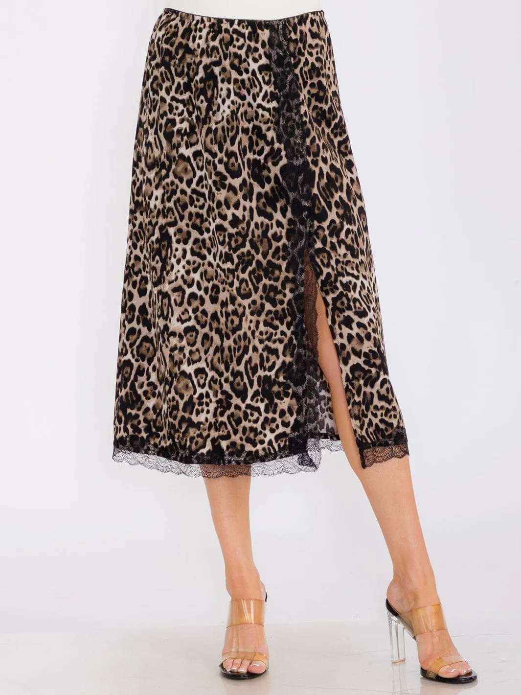 WOMEN'S ELASTIC WAIST FRONT SLIT LACE ANIMAL PRINT MIDI SKIRT