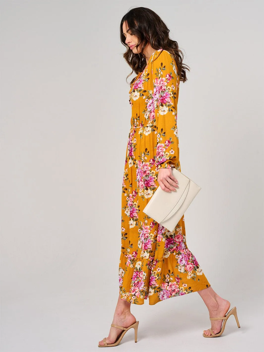 WOMEN'S LONG SLEEVE ELASTIC WAIST FLORAL MAXI DRESS