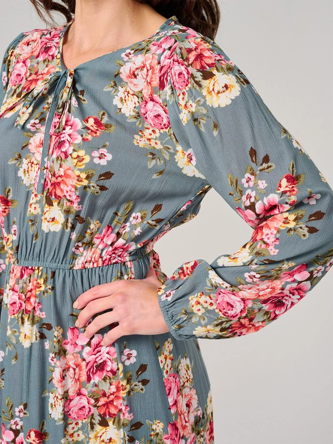 WOMEN'S LONG SLEEVE ELASTIC WAIST FLORAL MAXI DRESS