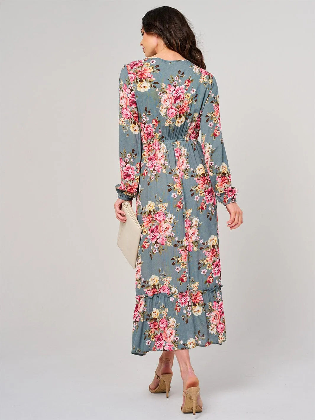 WOMEN'S LONG SLEEVE ELASTIC WAIST FLORAL MAXI DRESS