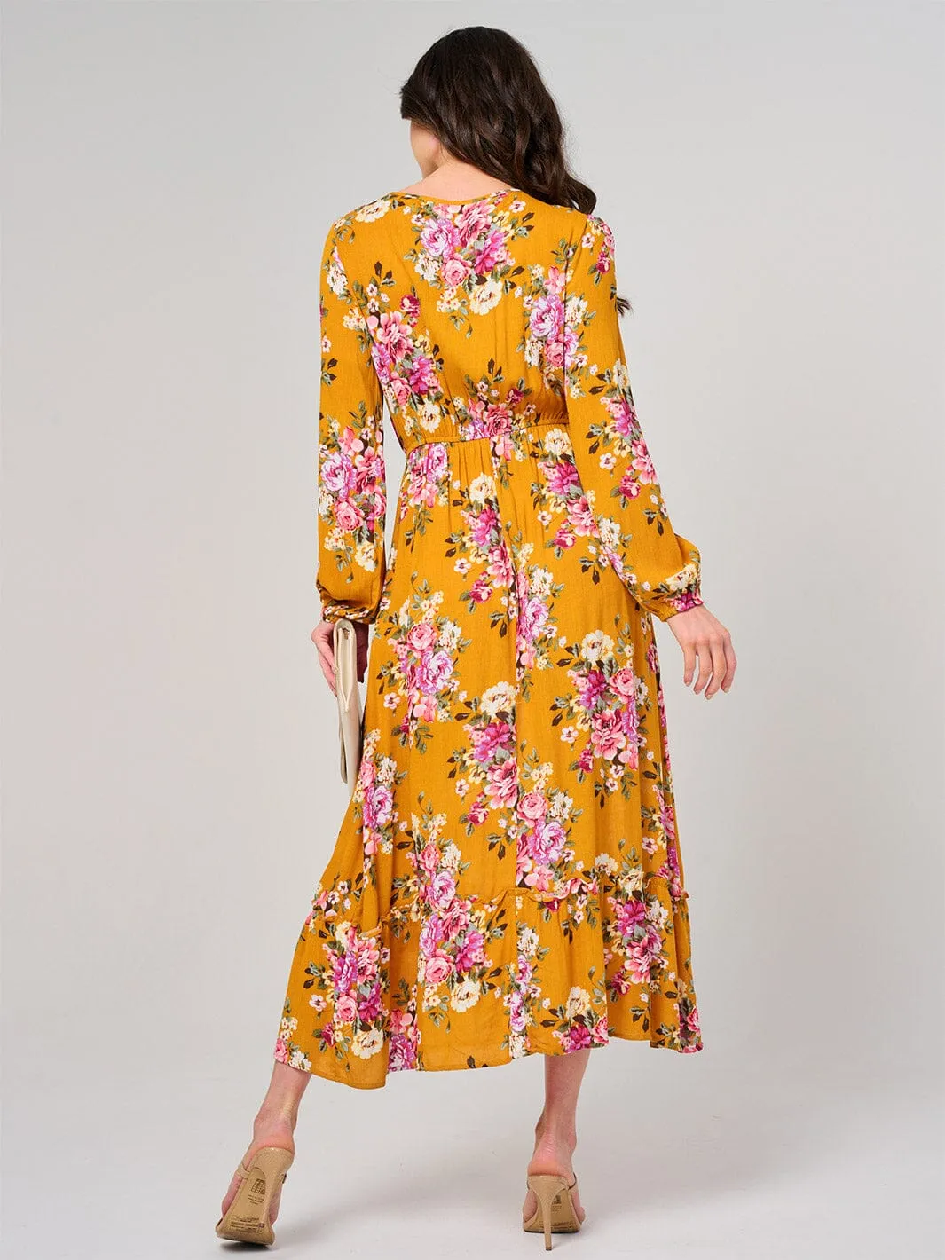 WOMEN'S LONG SLEEVE ELASTIC WAIST FLORAL MAXI DRESS