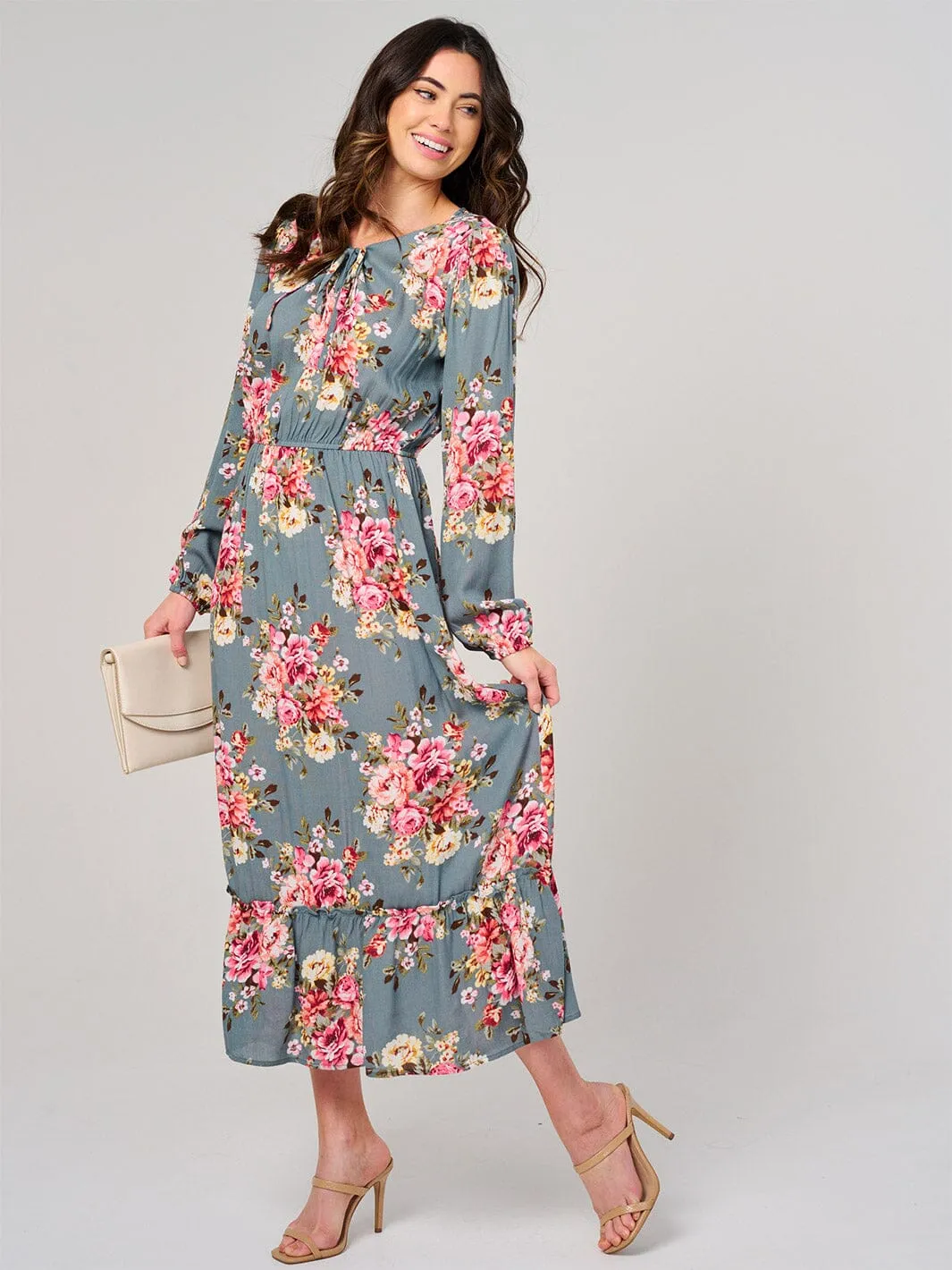 WOMEN'S LONG SLEEVE ELASTIC WAIST FLORAL MAXI DRESS