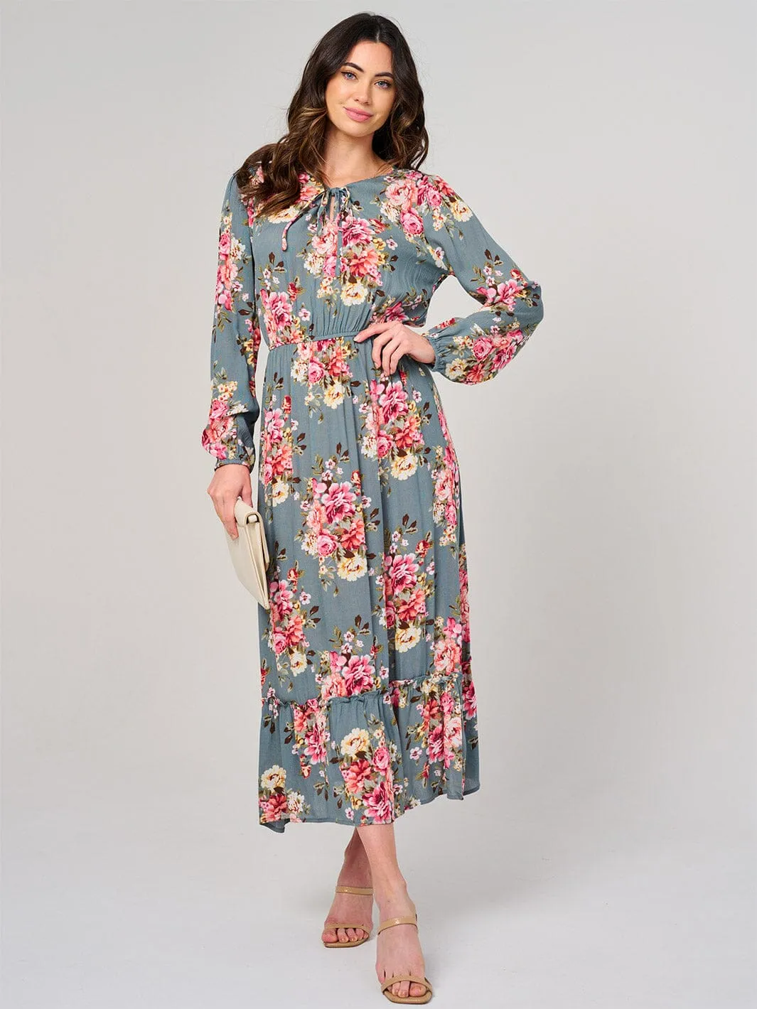WOMEN'S LONG SLEEVE ELASTIC WAIST FLORAL MAXI DRESS