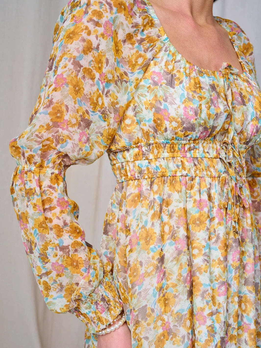 WOMEN'S LONG SLEEVE ELASTIC WAIST FLORAL MIDI DRESS