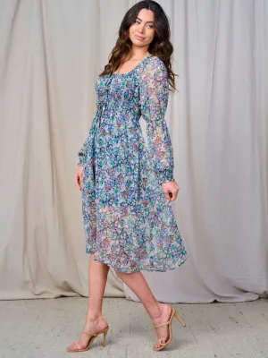 WOMEN'S LONG SLEEVE ELASTIC WAIST FLORAL MIDI DRESS