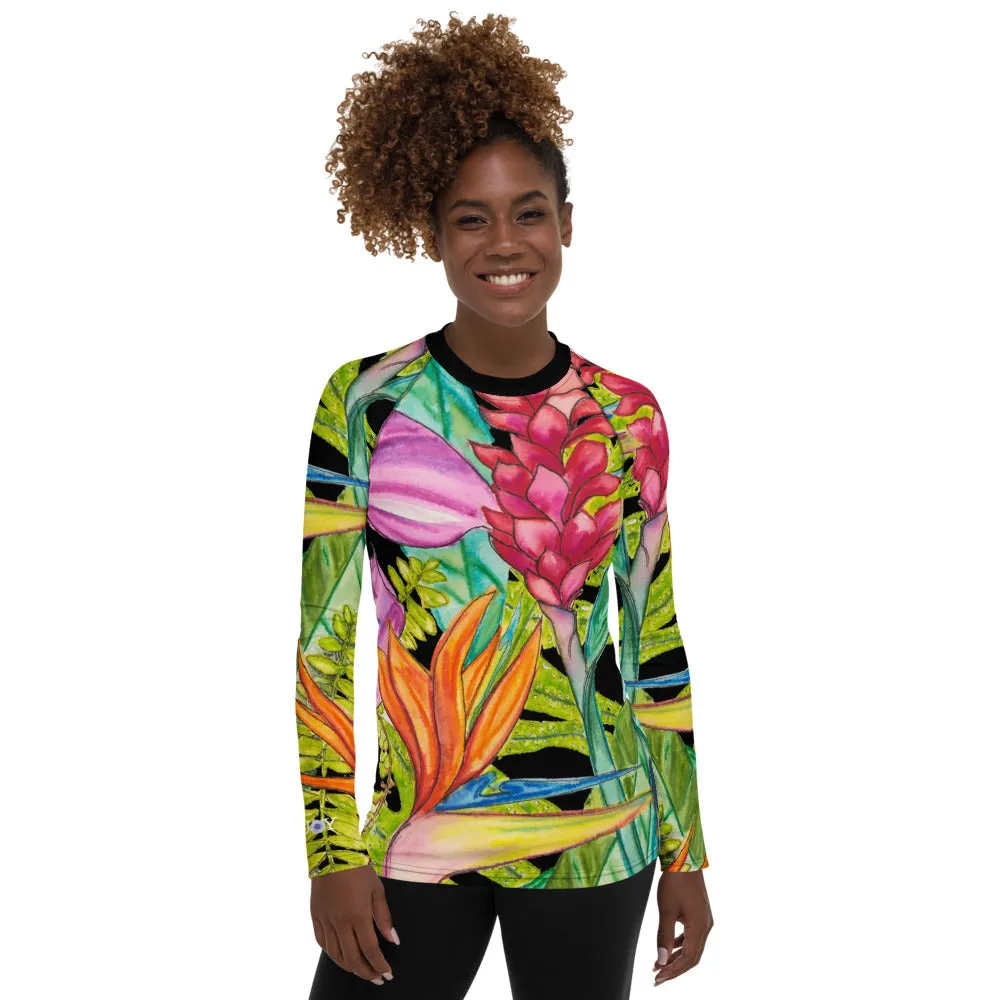 Women's Rash Guard: Tropical Flower Garden, Bird of Paradise, Ginger, Anthurium - Bird Party