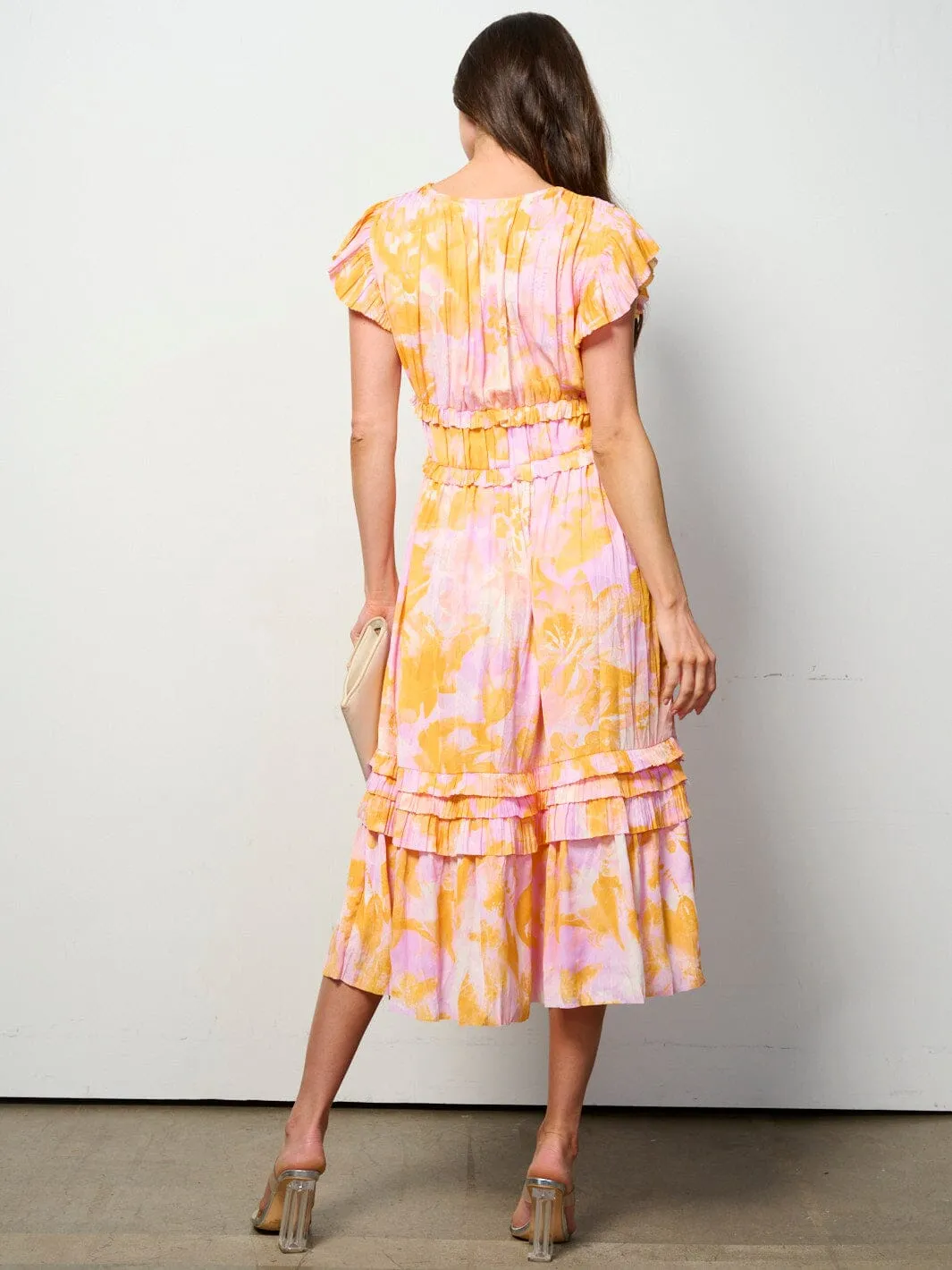 WOMEN'S RUFFLE SLEEVE V-NECK ELASTIC WAIST FLORAL MAXI DRESS