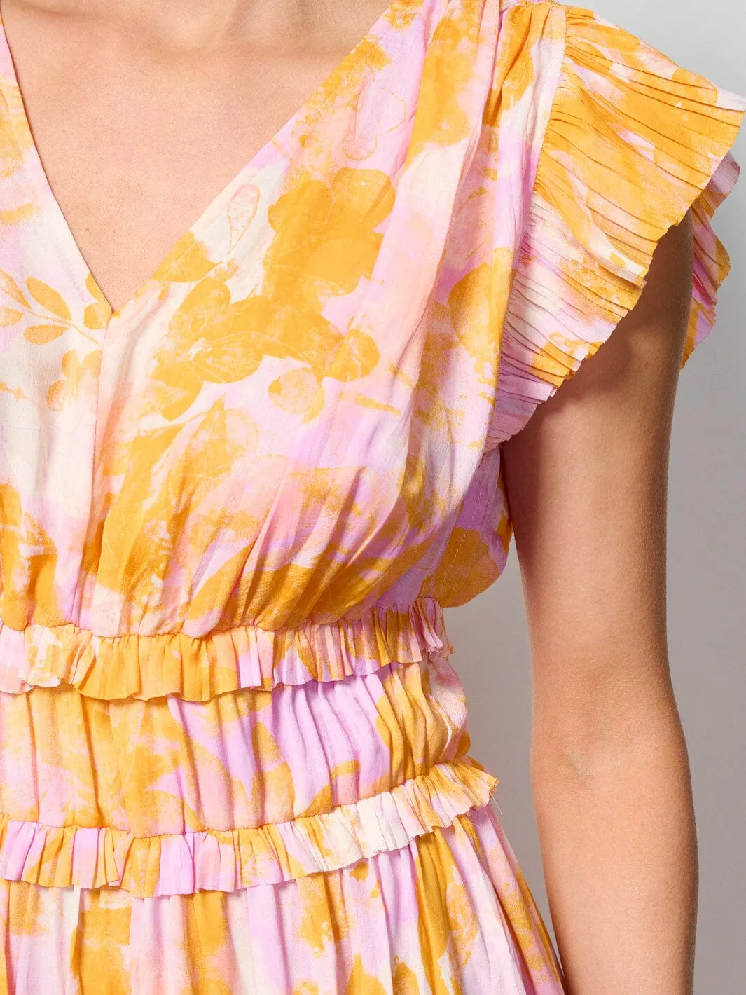 WOMEN'S RUFFLE SLEEVE V-NECK ELASTIC WAIST FLORAL MAXI DRESS