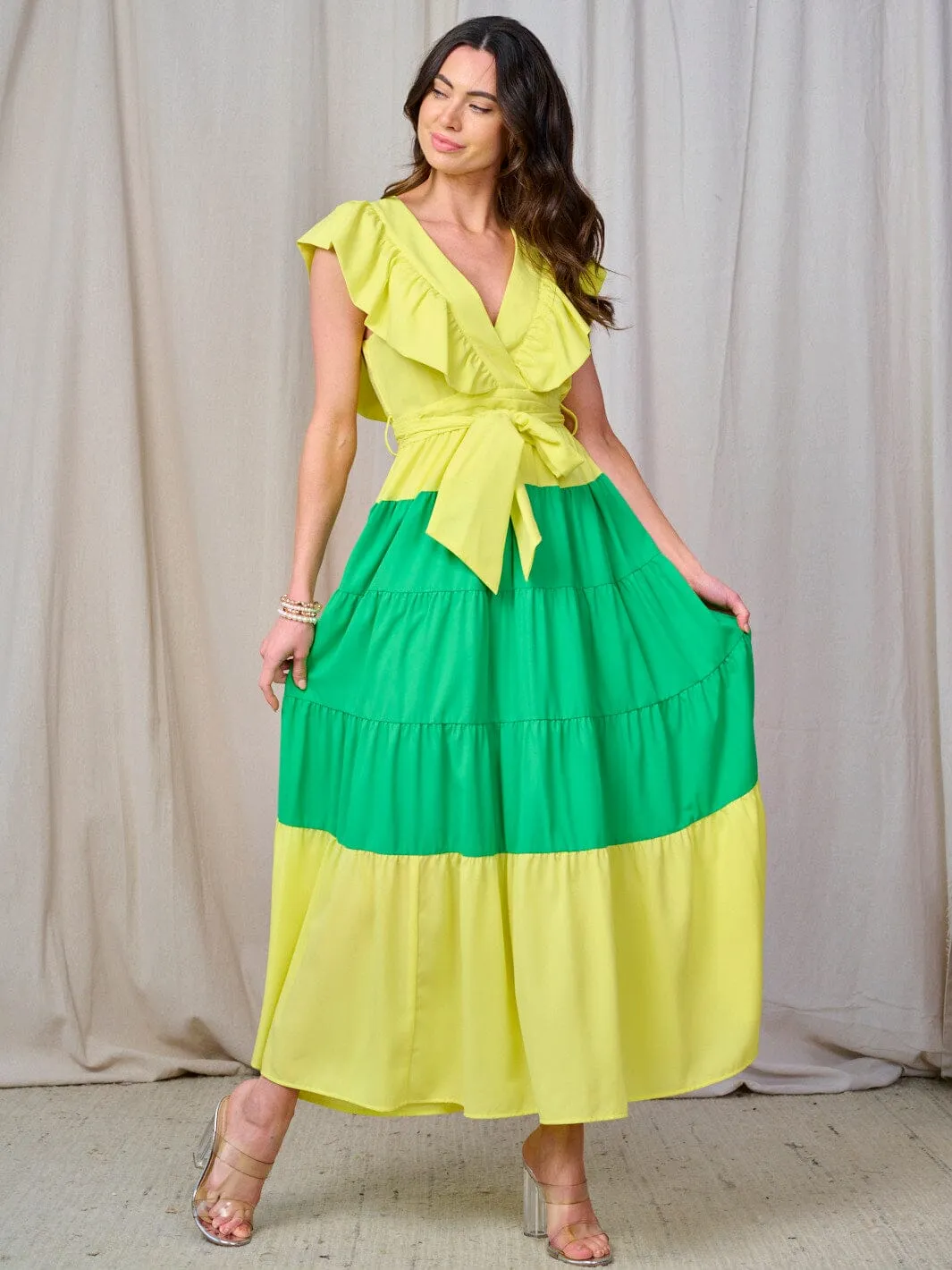 WOMEN'S RUFFLE SLEEVE V-NECK TIERED COLORBLOCK MAXI DRESS