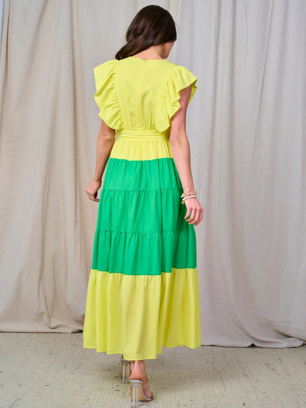 WOMEN'S RUFFLE SLEEVE V-NECK TIERED COLORBLOCK MAXI DRESS