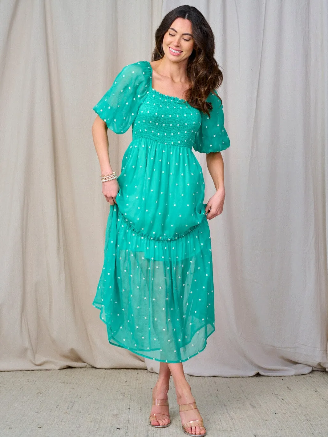 WOMEN'S SHORT PUFF SLEEVE SQUARE NECK SMOCK SWISS DETAILED MAXI DRESS