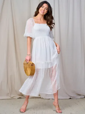 WOMEN'S SHORT PUFF SLEEVE SQUARE NECK SMOCK SWISS DETAILED MAXI DRESS