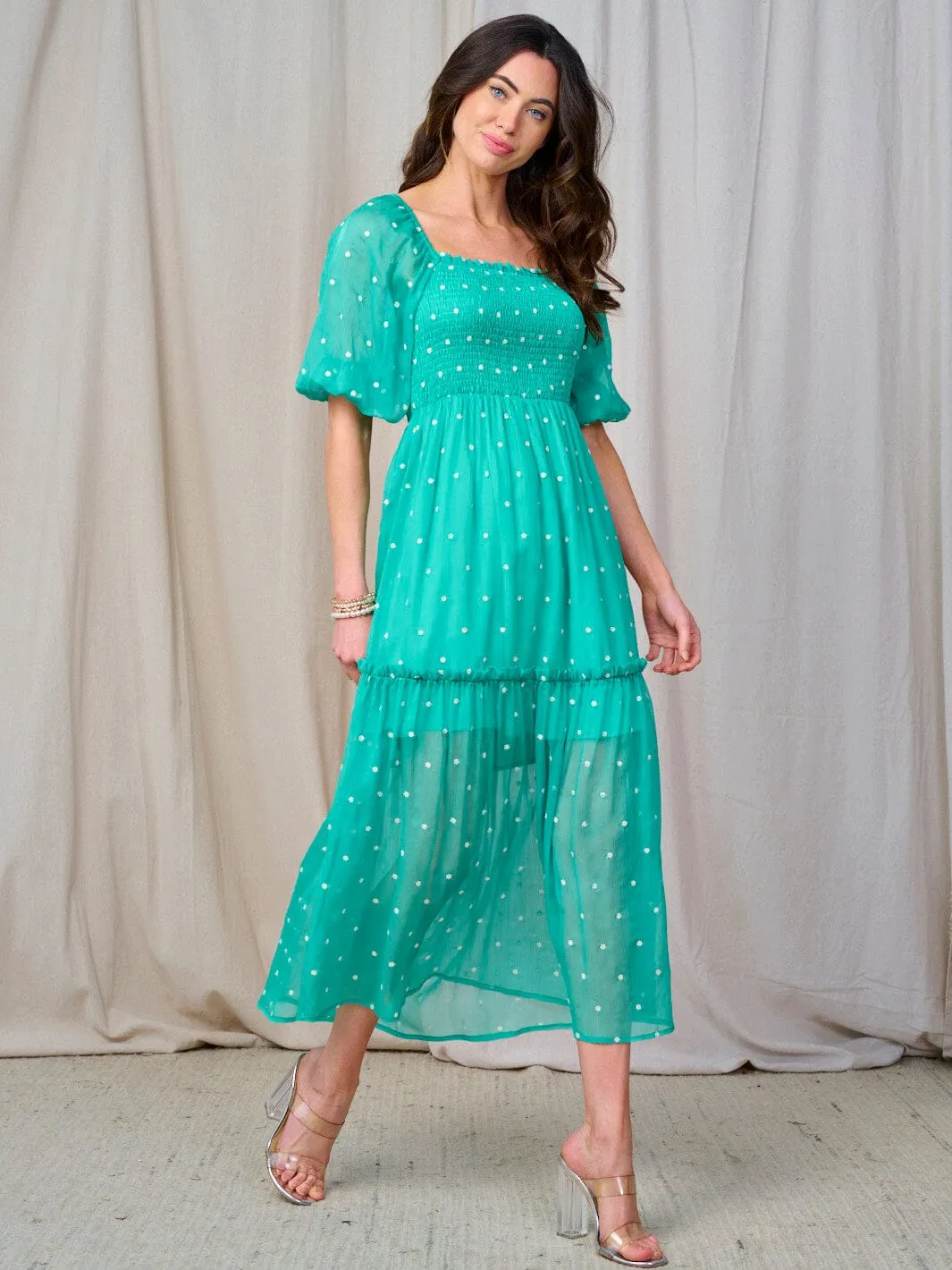 WOMEN'S SHORT PUFF SLEEVE SQUARE NECK SMOCK SWISS DETAILED MAXI DRESS