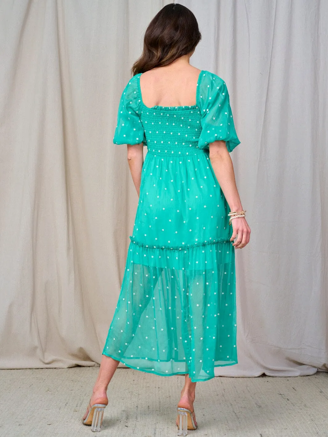 WOMEN'S SHORT PUFF SLEEVE SQUARE NECK SMOCK SWISS DETAILED MAXI DRESS