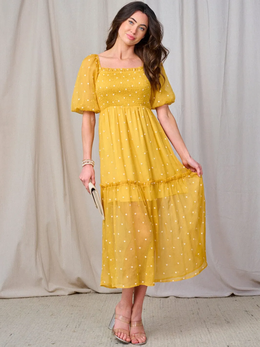 WOMEN'S SHORT PUFF SLEEVE SQUARE NECK SMOCK SWISS DETAILED MAXI DRESS