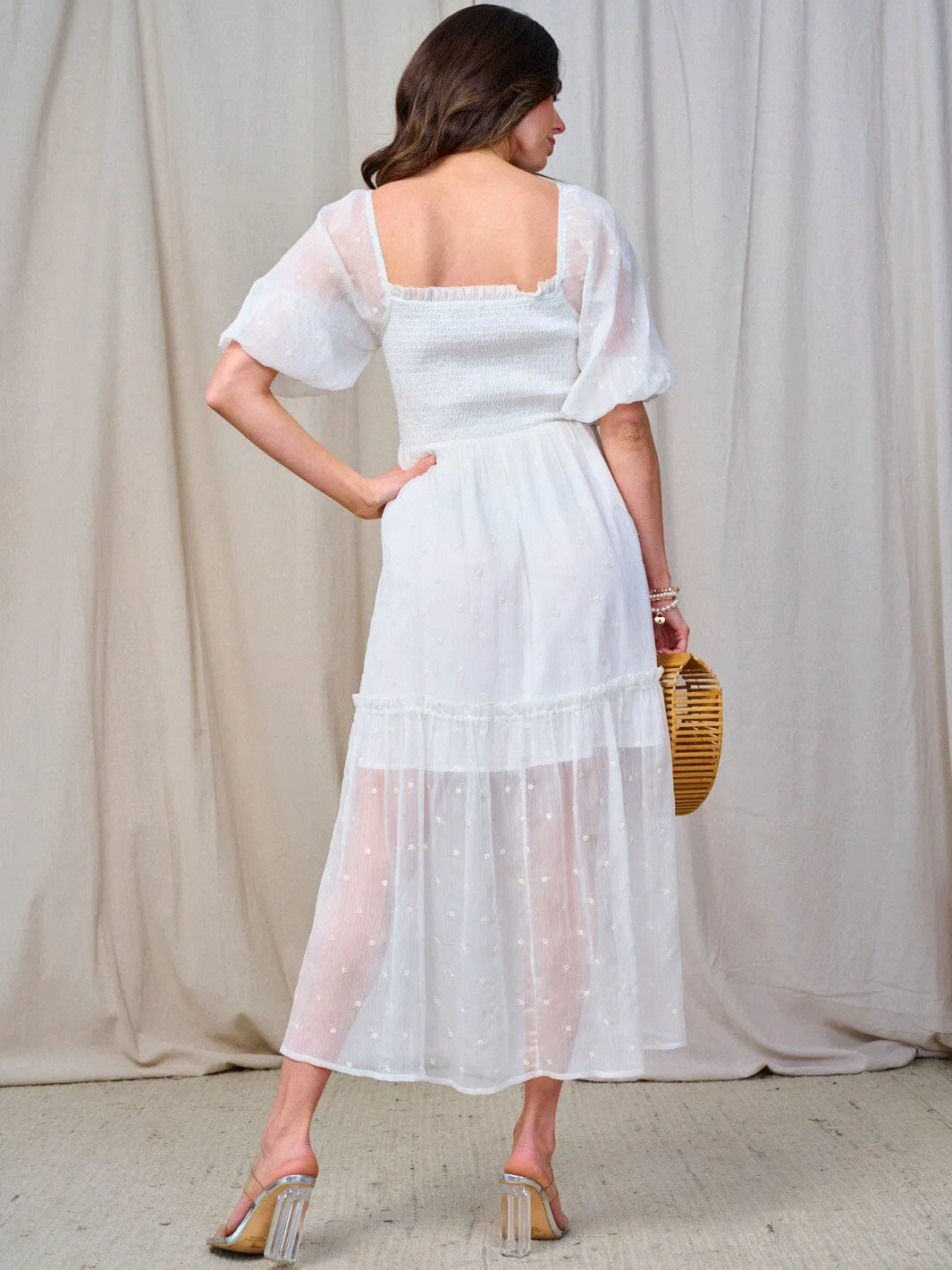WOMEN'S SHORT PUFF SLEEVE SQUARE NECK SMOCK SWISS DETAILED MAXI DRESS