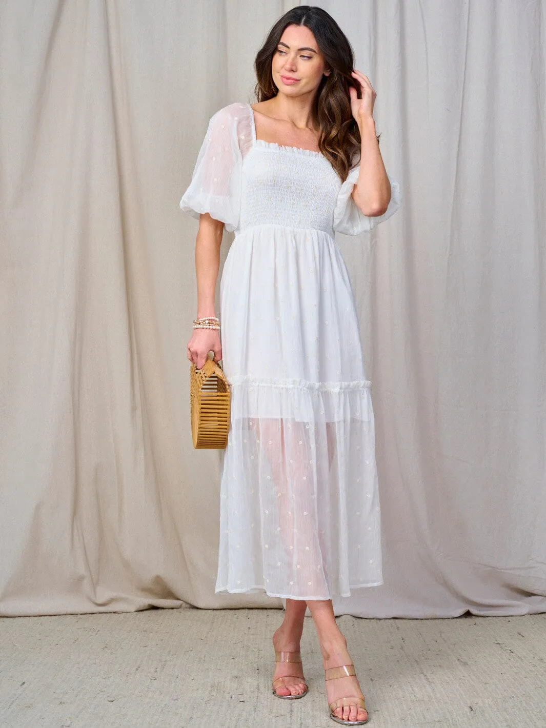 WOMEN'S SHORT PUFF SLEEVE SQUARE NECK SMOCK SWISS DETAILED MAXI DRESS