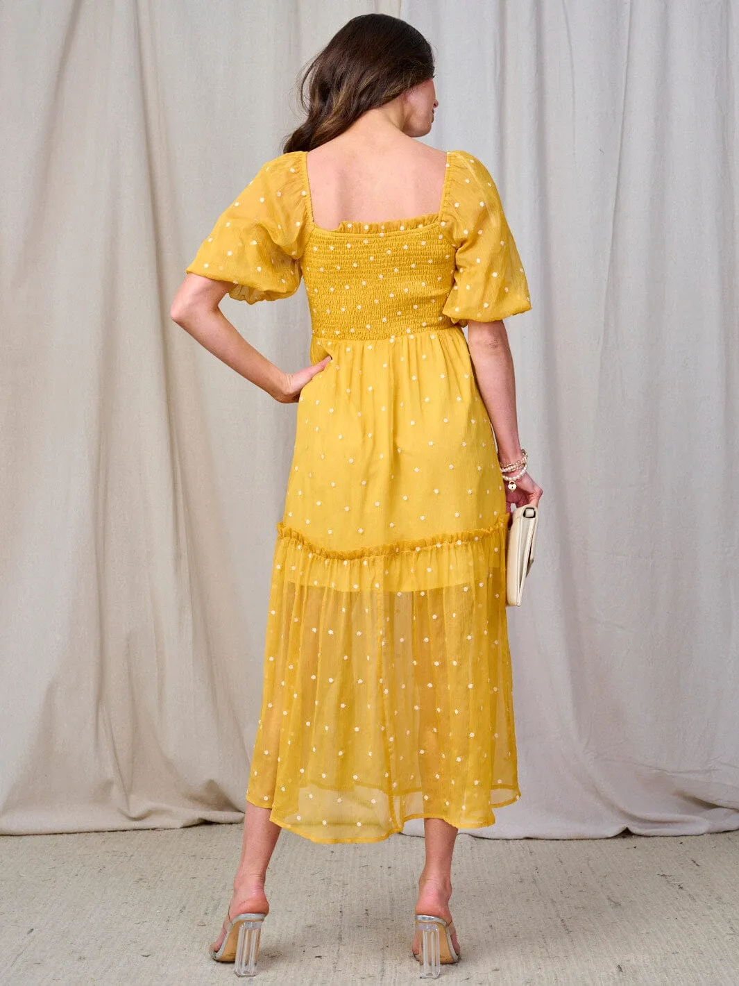 WOMEN'S SHORT PUFF SLEEVE SQUARE NECK SMOCK SWISS DETAILED MAXI DRESS