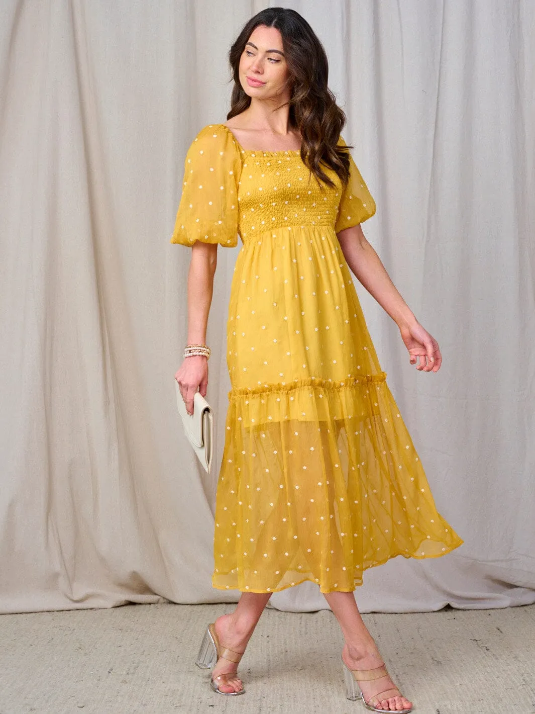 WOMEN'S SHORT PUFF SLEEVE SQUARE NECK SMOCK SWISS DETAILED MAXI DRESS