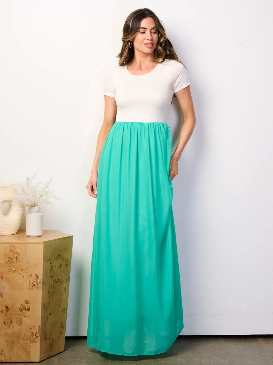 WOMEN'S SHORT SLEEVE ELASTIC WAIST COLORBLOCK MAXI DRESS