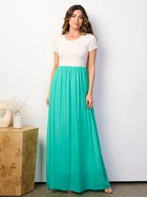WOMEN'S SHORT SLEEVE ELASTIC WAIST COLORBLOCK MAXI DRESS