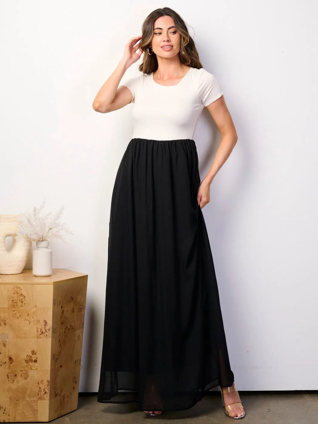 WOMEN'S SHORT SLEEVE ELASTIC WAIST COLORBLOCK MAXI DRESS