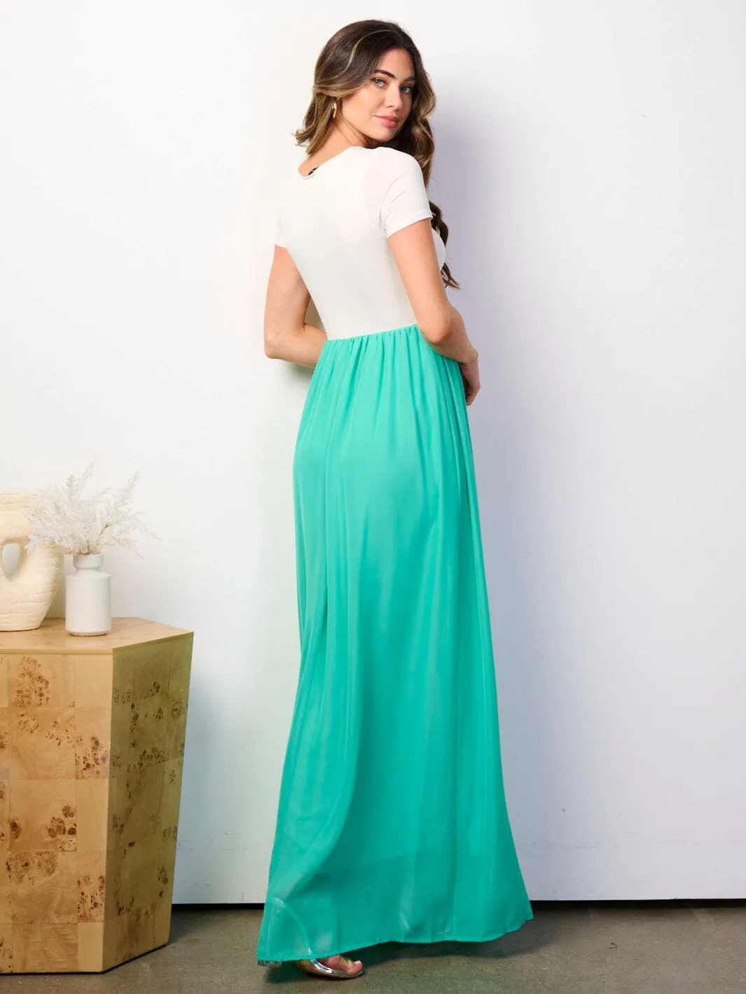 WOMEN'S SHORT SLEEVE ELASTIC WAIST COLORBLOCK MAXI DRESS