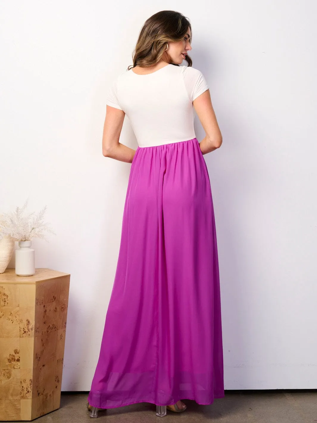 WOMEN'S SHORT SLEEVE ELASTIC WAIST COLORBLOCK MAXI DRESS