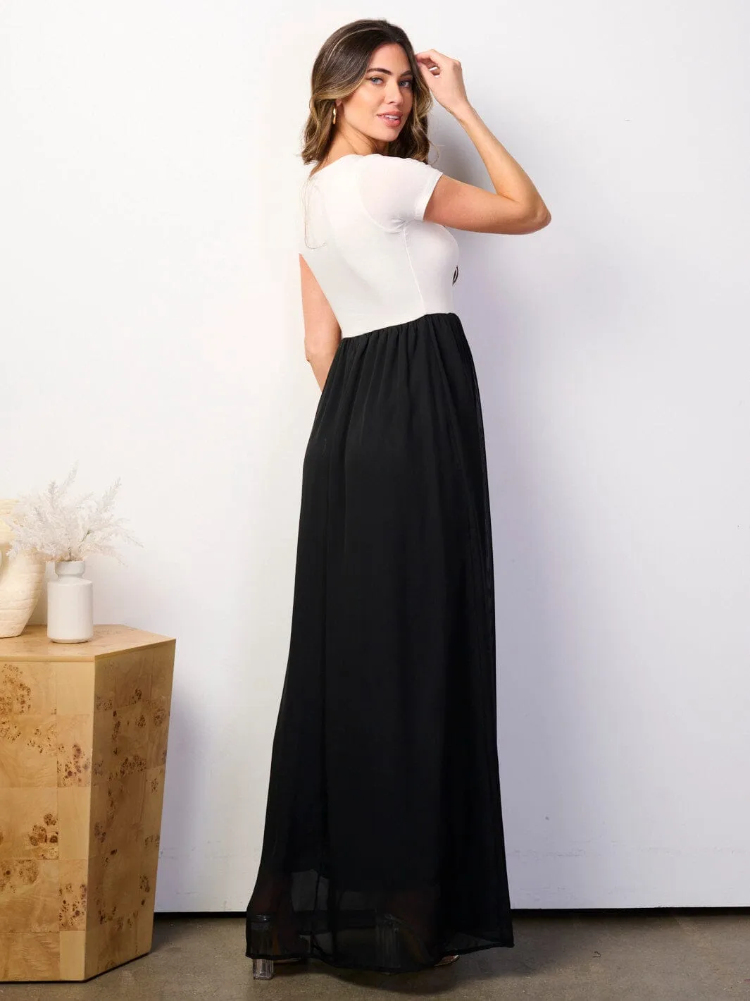 WOMEN'S SHORT SLEEVE ELASTIC WAIST COLORBLOCK MAXI DRESS