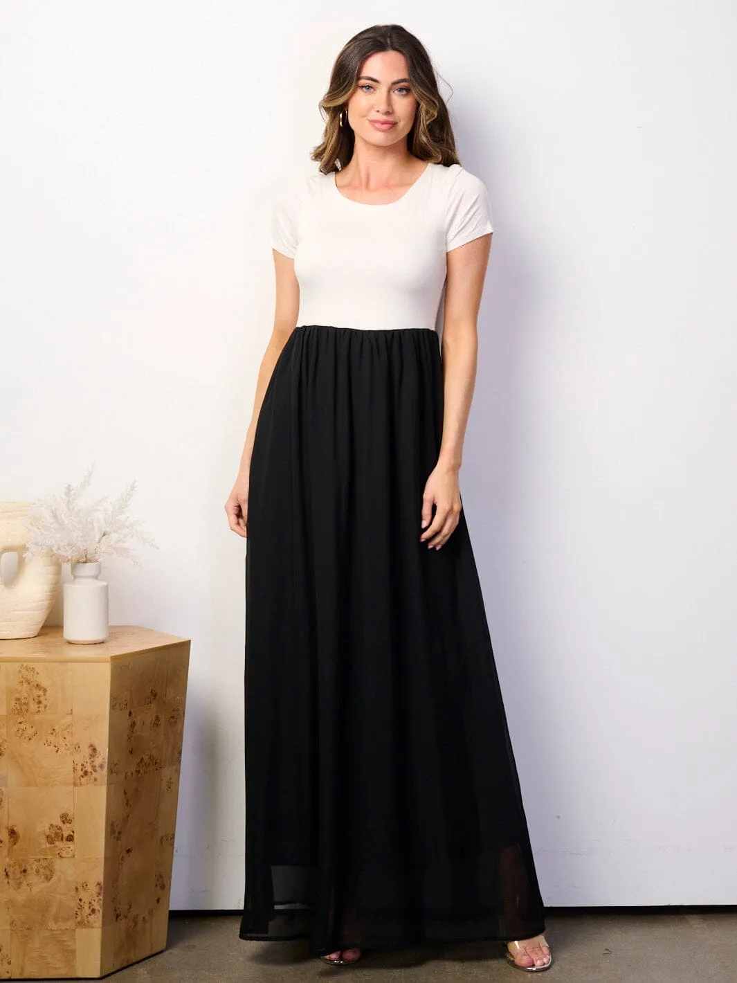 WOMEN'S SHORT SLEEVE ELASTIC WAIST COLORBLOCK MAXI DRESS
