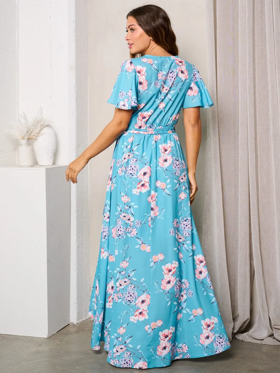 WOMEN'S SHORT SLEEVE HIGH-LOW WRAP FLORAL MAXI DRESS