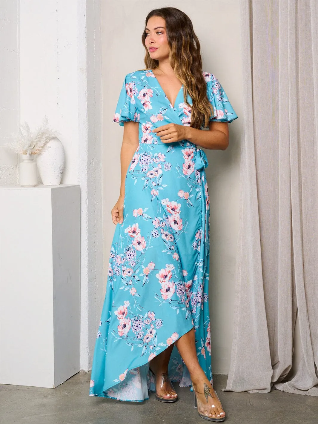 WOMEN'S SHORT SLEEVE HIGH-LOW WRAP FLORAL MAXI DRESS