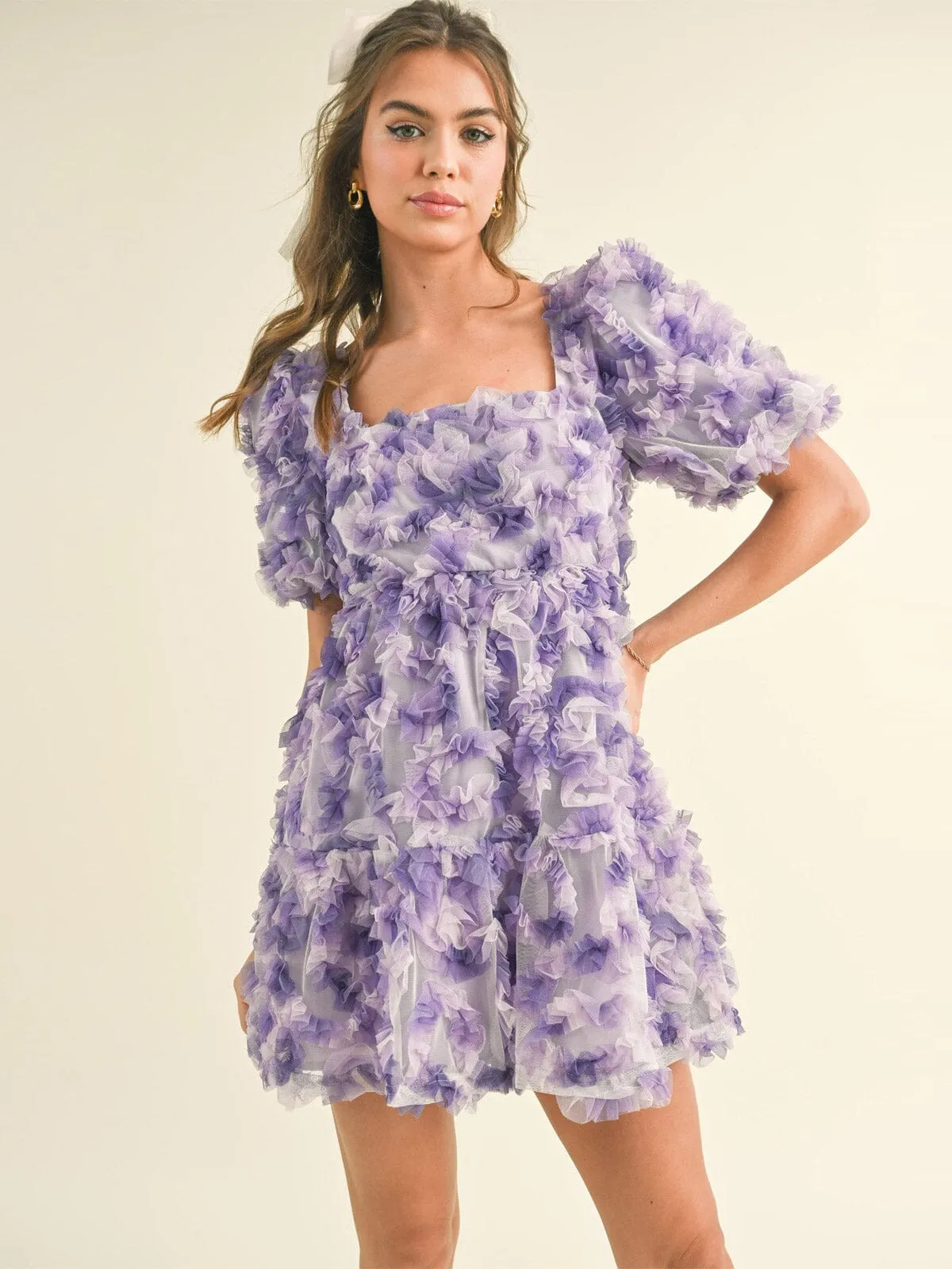 WOMEN'S SHORT SLEEVE SQUARE NECK BACK TIE DETAILED MINI DRESS