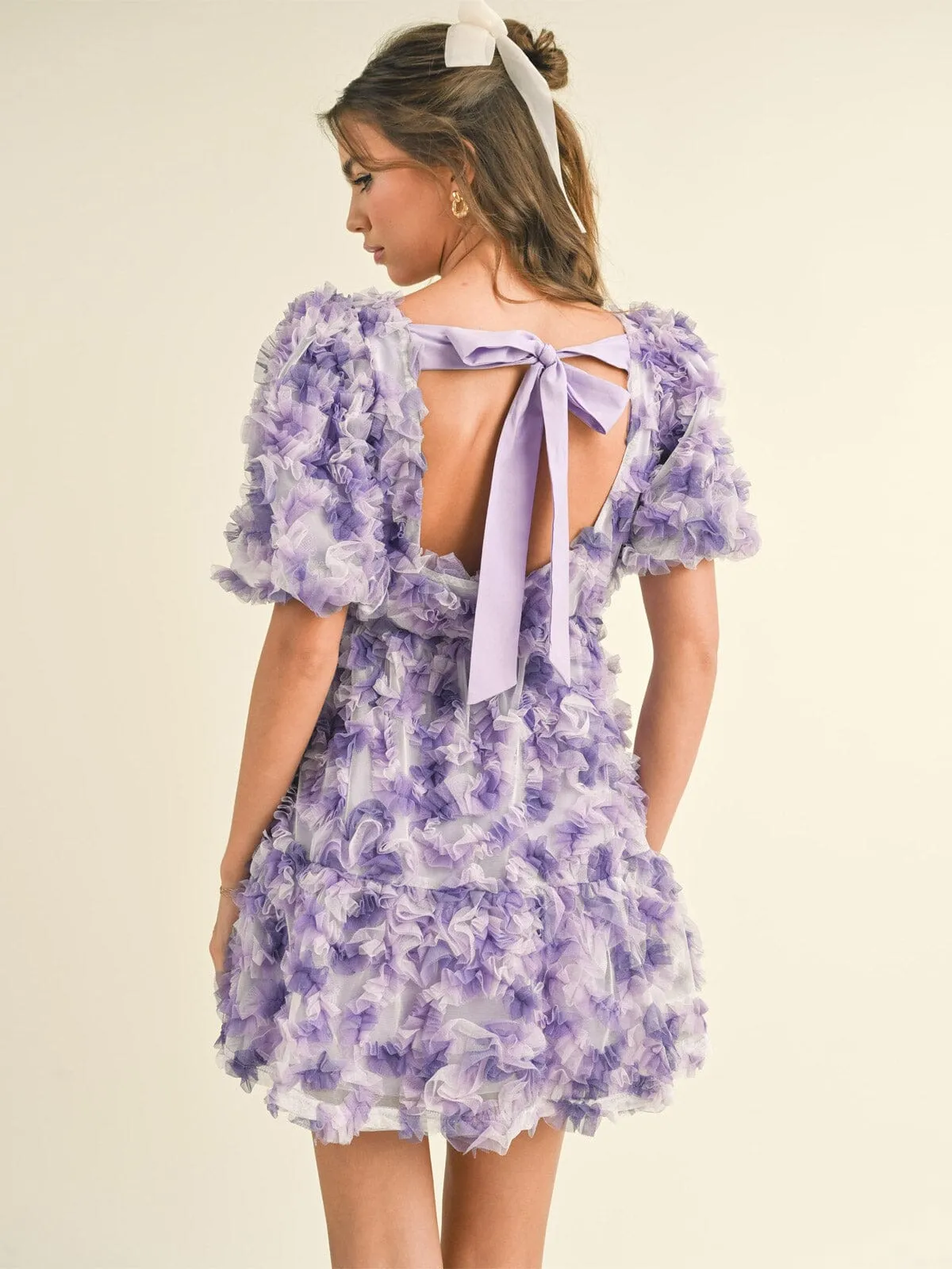WOMEN'S SHORT SLEEVE SQUARE NECK BACK TIE DETAILED MINI DRESS