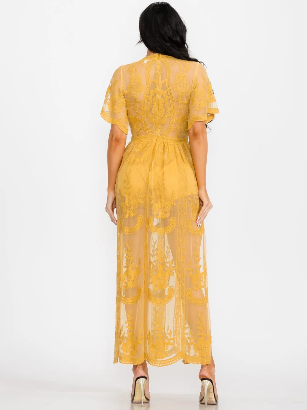 WOMEN'S SHORT SLEEVE V-NECK ALL OVER LACE MAXI DRESS